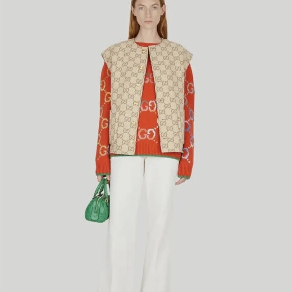 Gucci Reversible Tan Vest  with Gold Buttons and Beige and Tan GG’s